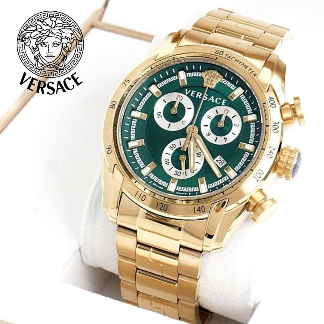 Versace V-Ray Chronograph Quartz Green Dial Gold Steel Strap Watch For Men - VE2I00621