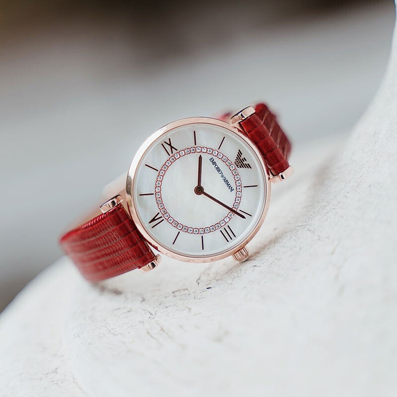 Emporio Armani Gianni T-Bar Analog Mother of Pearl Dial Red Leather Strap Watch For Women - AR11322