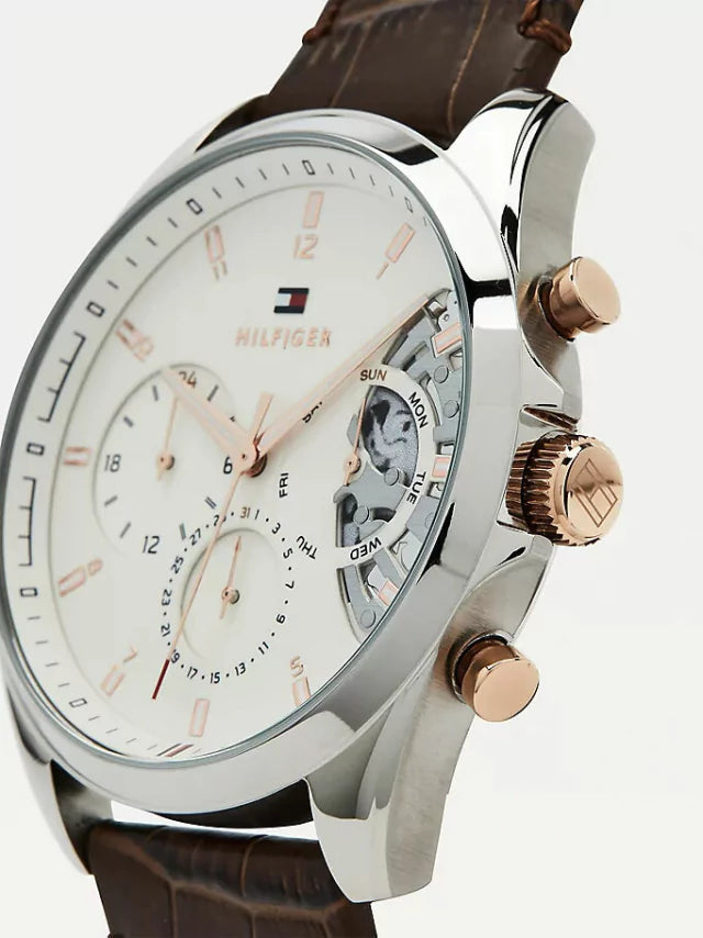 Tommy Hilfiger Baker Chronograph White Dial Brown Leather Strap Watch For Men - 1710450