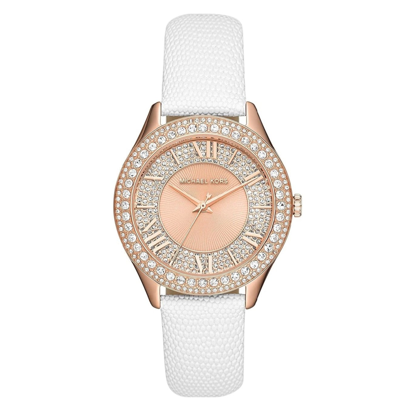 Michael Kors Harlowe Analog Rose Gold Dial White Leather Strap Watch For Women - MK2989