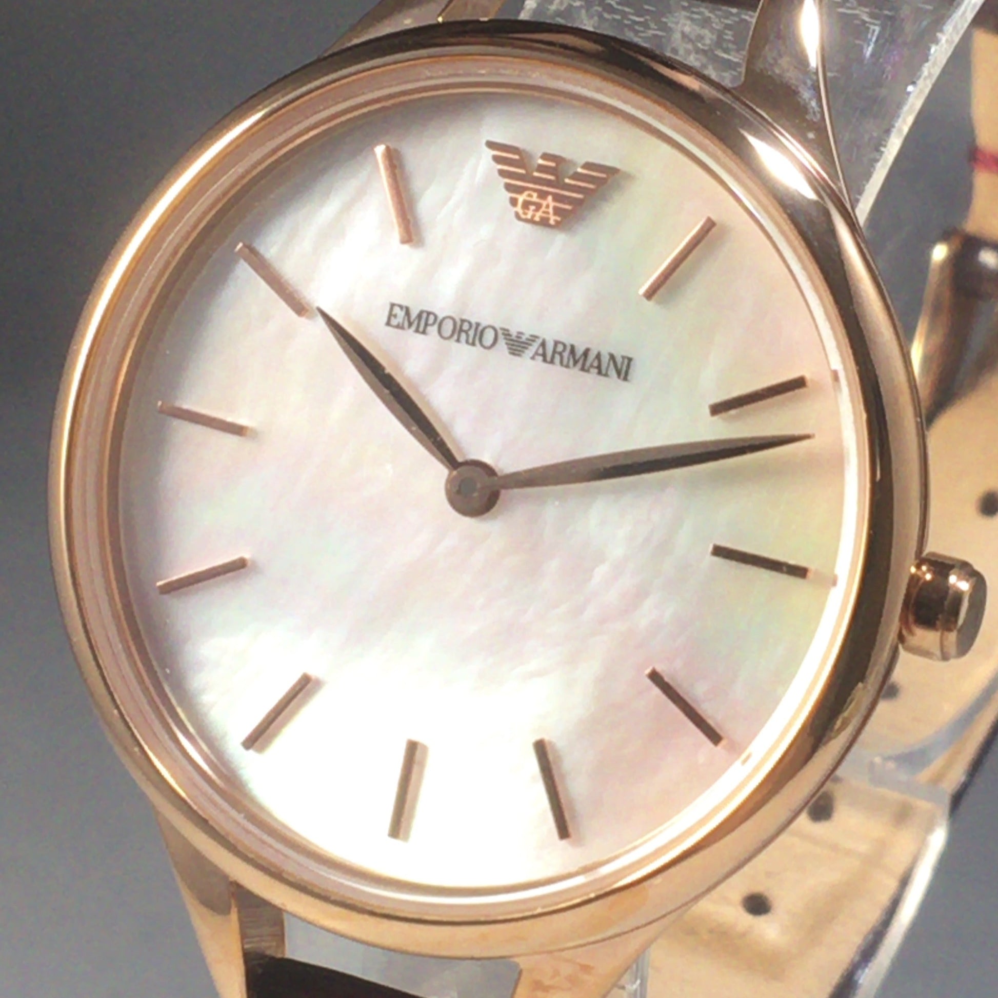 Emporio Armani Aurora Mother of Pearl White Dial Brown Leather Strap Watch For Women - AR11057