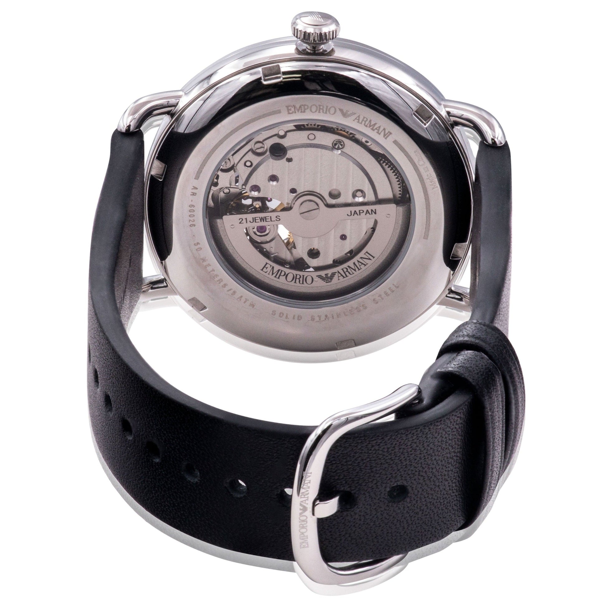 Emporio Armani Meccanico Skeleton Black Dial Black Leather Strap Watch For Men - AR60026