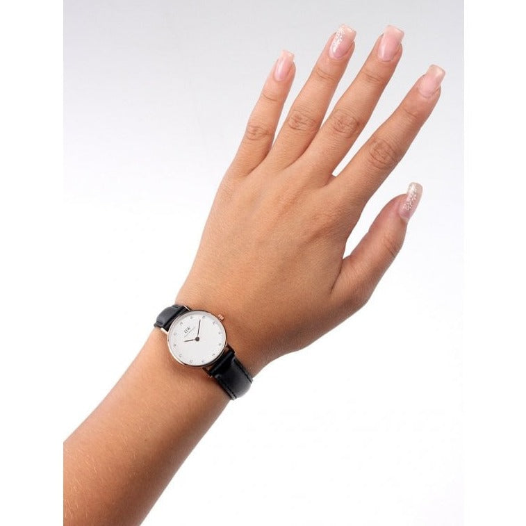 Daniel Wellington Classy Sheffield White Dial Black Leather Strap Watch For Women - DW00100060