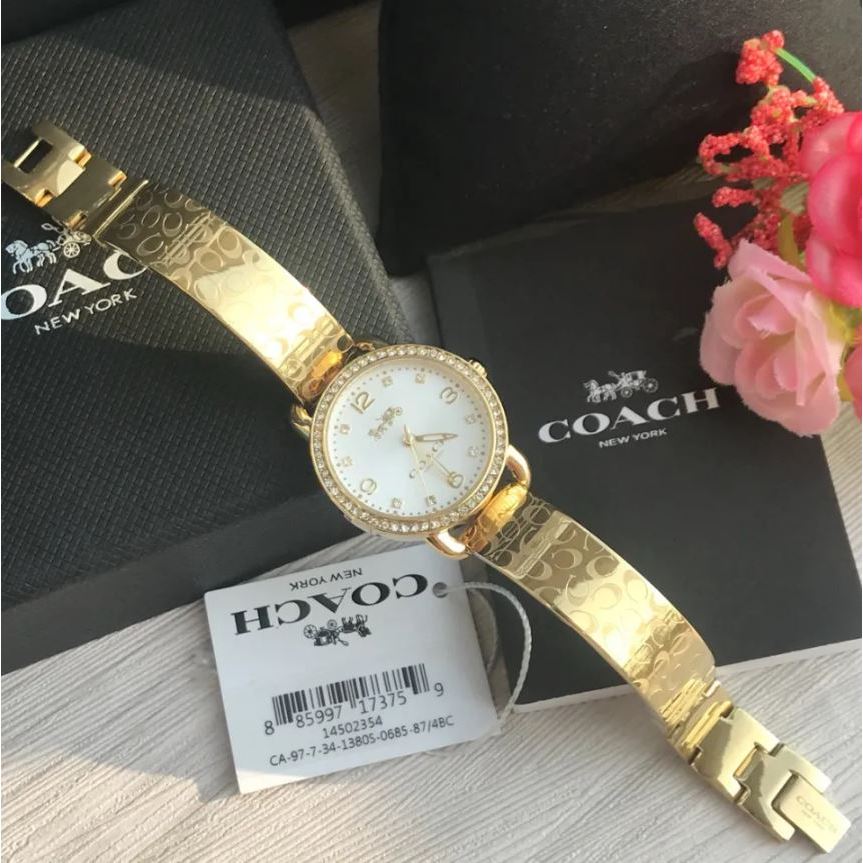 Coach Delancey Analog DIamonds Silver Dial Gold Steel Strap Watch for Women - 14502354