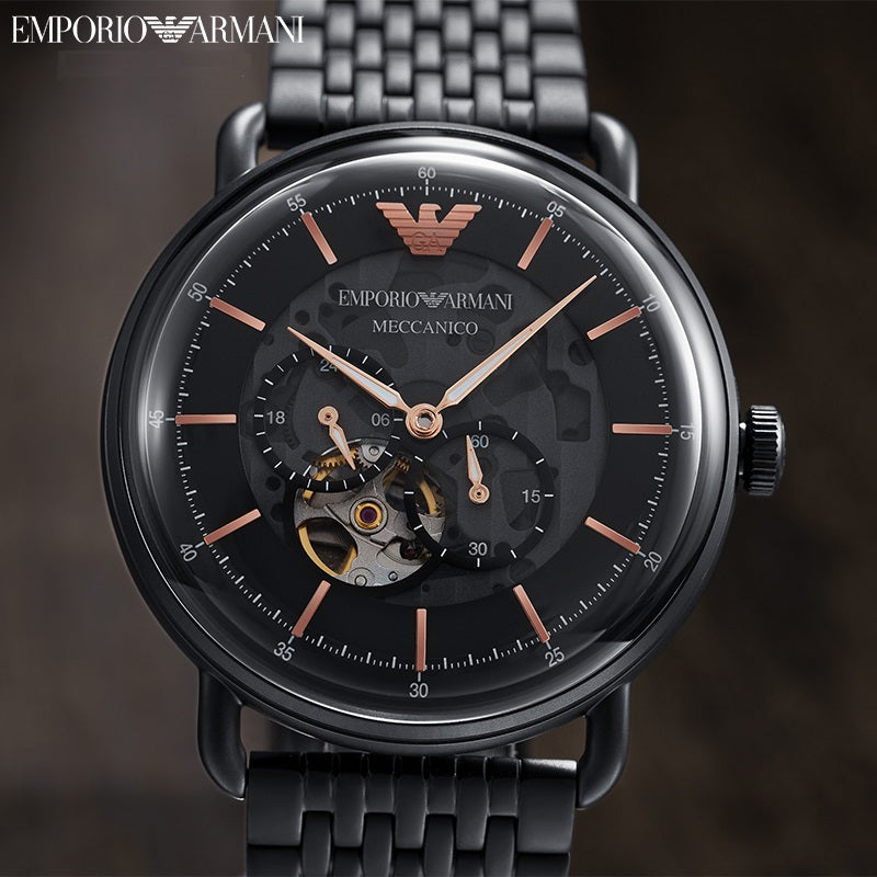 Emporio Armani Automatic Multifunction Black Dial Black Mesh Bracelet Watch For Men - AR60025