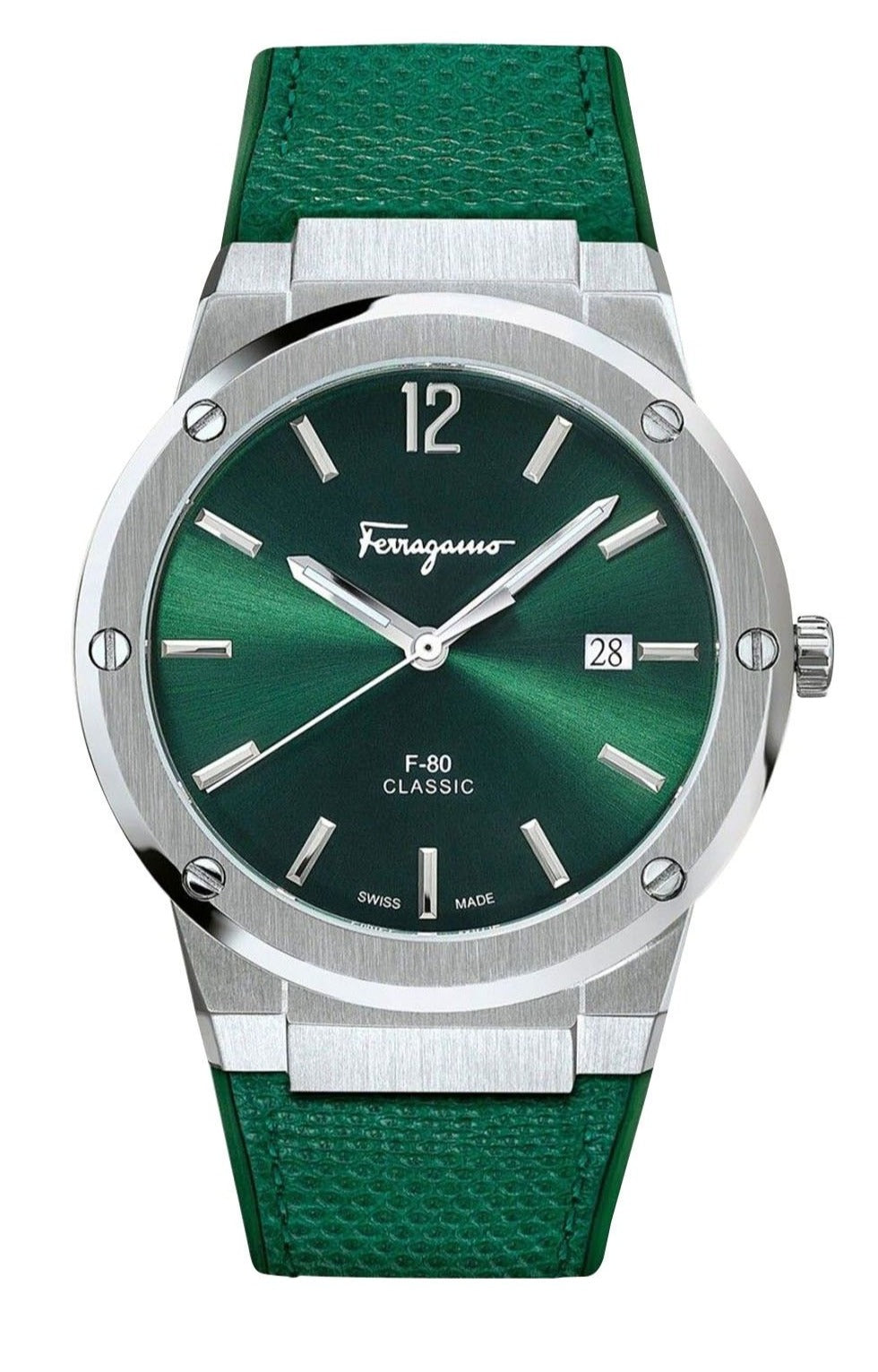 Salvatore Ferragamo F-80 Classic Green Dial Green Leather Strap Watch for Men - SFDT00519