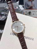 Emporio Armani Gianni T-Bar Silver Dial Brown Leather Strap Watch For Women - AR11269