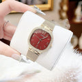 Guess Quartz Red Dial Gold Mesh Strap Watch For Women - GW0354L4