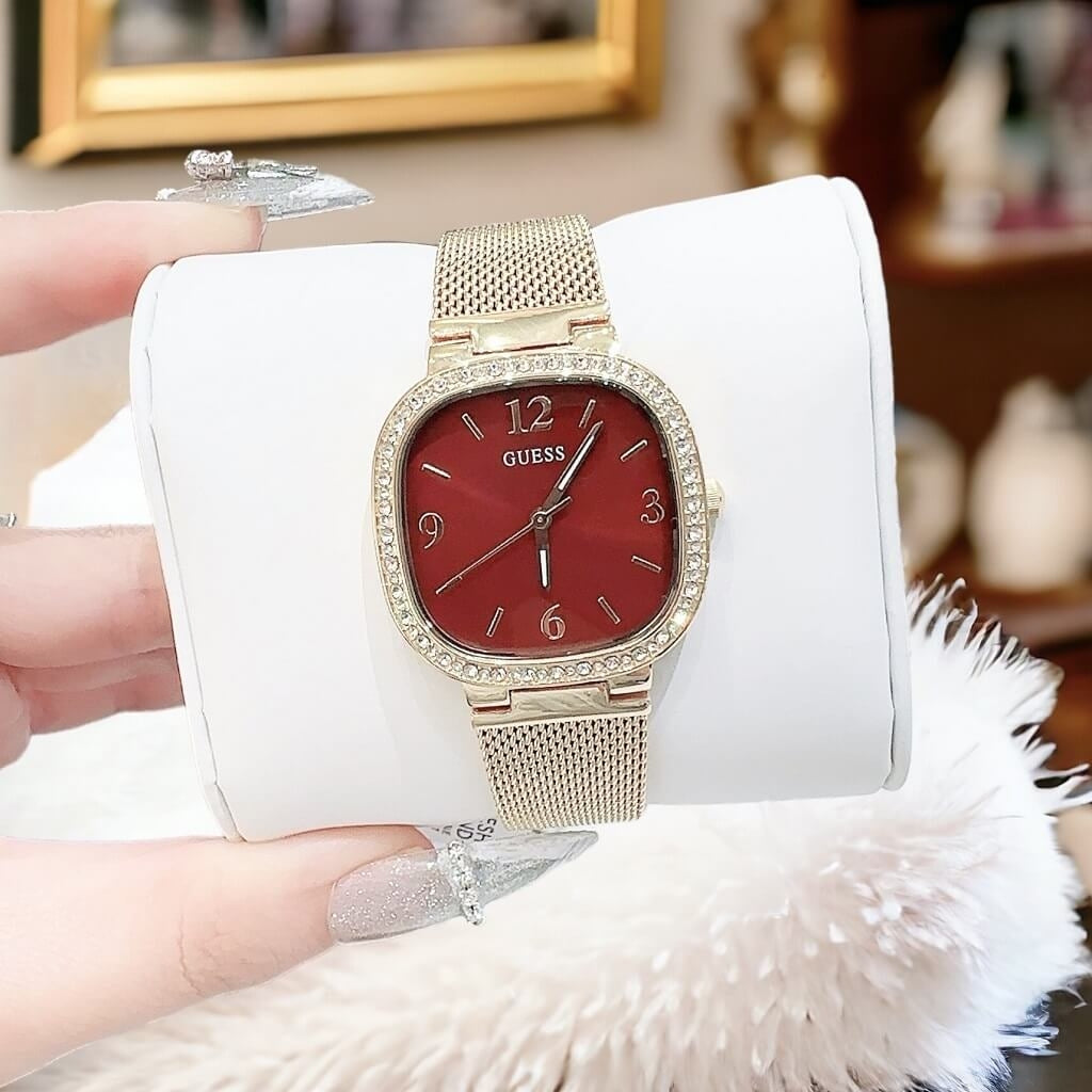 Guess Quartz Red Dial Gold Mesh Strap Watch For Women - GW0354L4