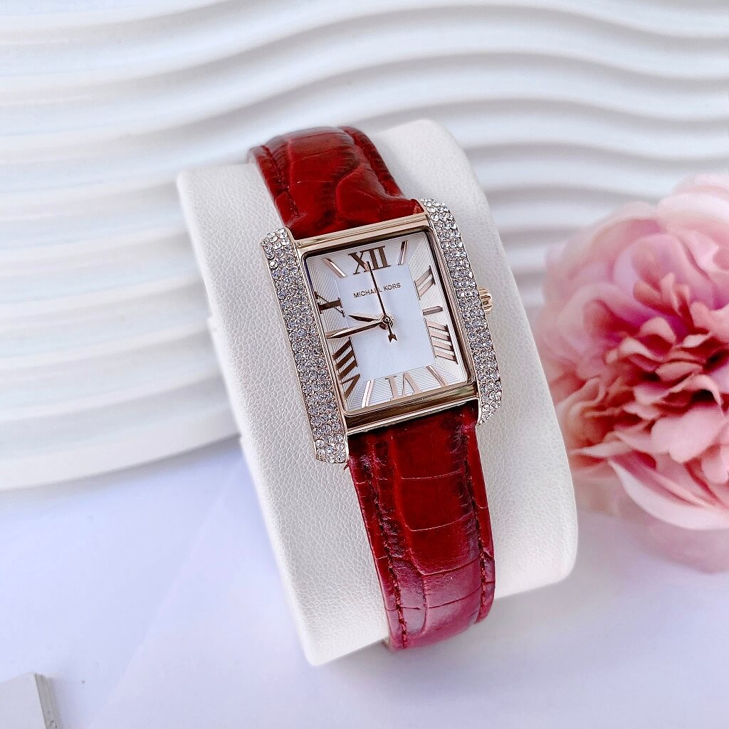 Michael Kors Emery Quartz Diamonds Silver Dial Red Leather Strap Watch For Women - MK4689