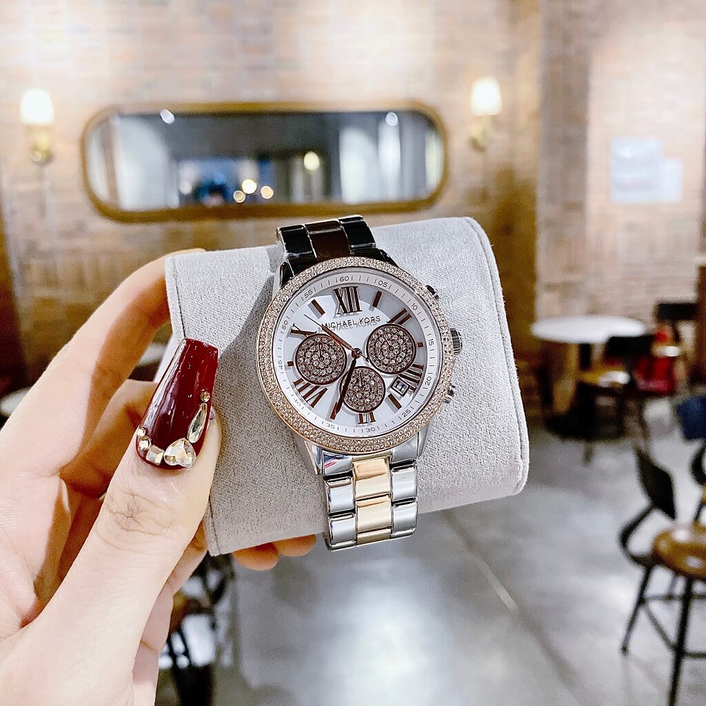 Michael Kors Bryn Pave Chronograph White Dial Two Tone Steel Strap Watch For Women - MK7201
