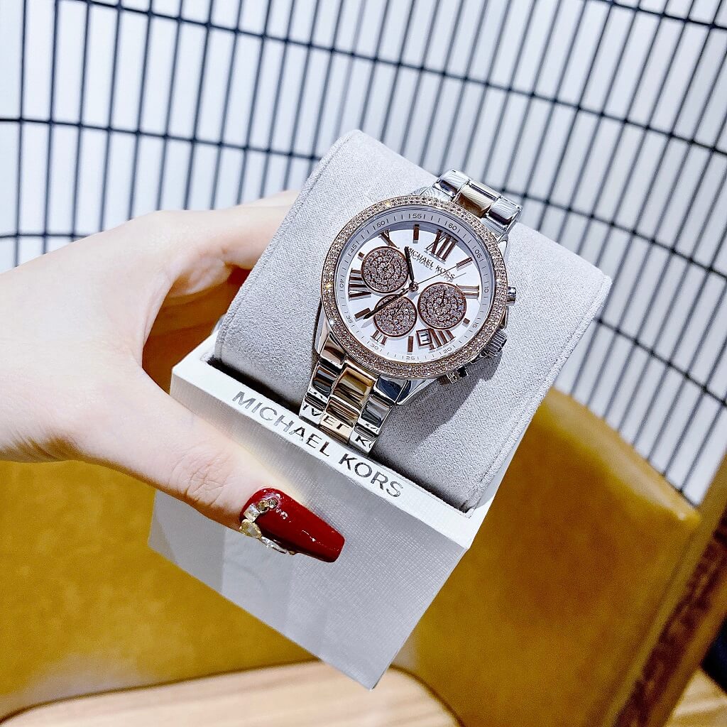 Michael Kors Bryn Pave Chronograph White Dial Two Tone Steel Strap Watch For Women - MK7201