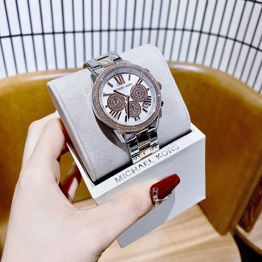 Michael Kors Bryn Pave Chronograph White Dial Two Tone Steel Strap Watch For Women - MK7201
