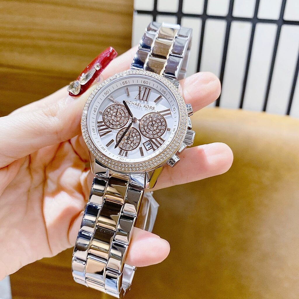 Michael Kors Bryn Pave Chronograph White Dial Two Tone Steel Strap Watch For Women - MK7201