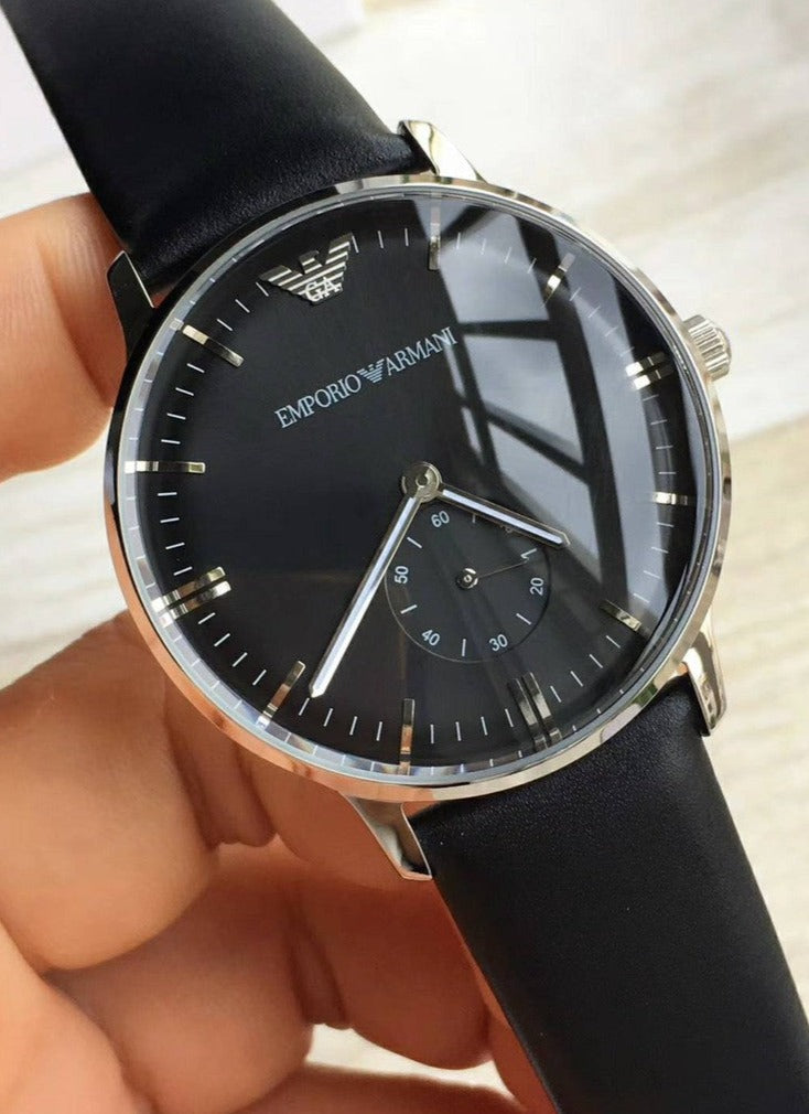 Emporio Armani Gianni Quartz Black Dial Black Leather Strap Watch For Men - AR0382