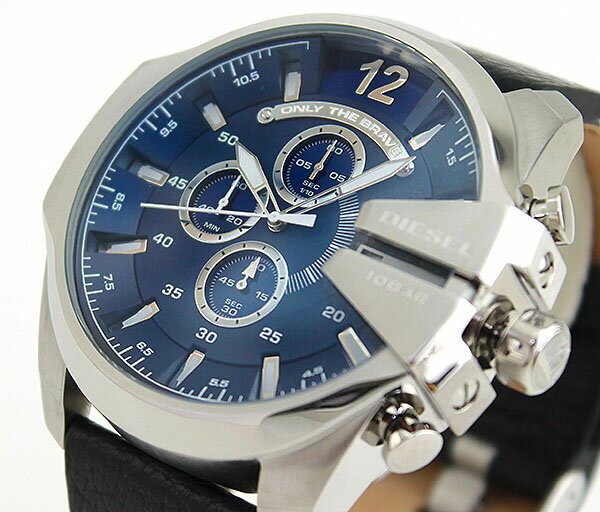 Diesel Mega Chief Chronograph Blue Dial Black Leather Strap Watch For Men - DZ4423