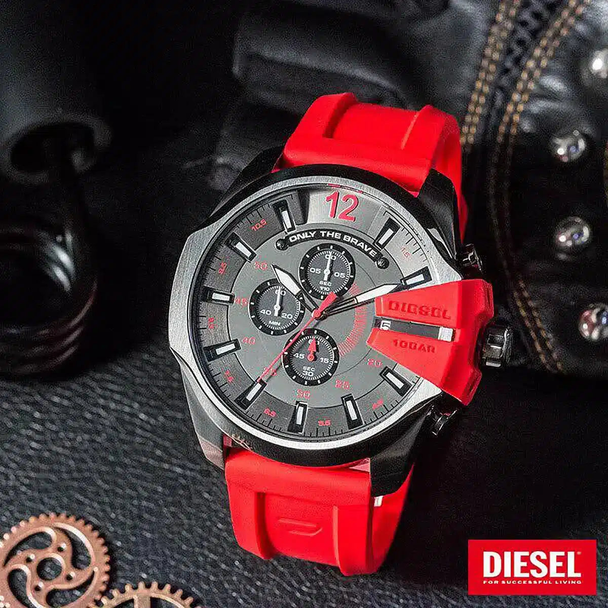 Diesel Mega Chief Chronograph Black Dial Red Silicone Strap Watch For Men - DZ4427