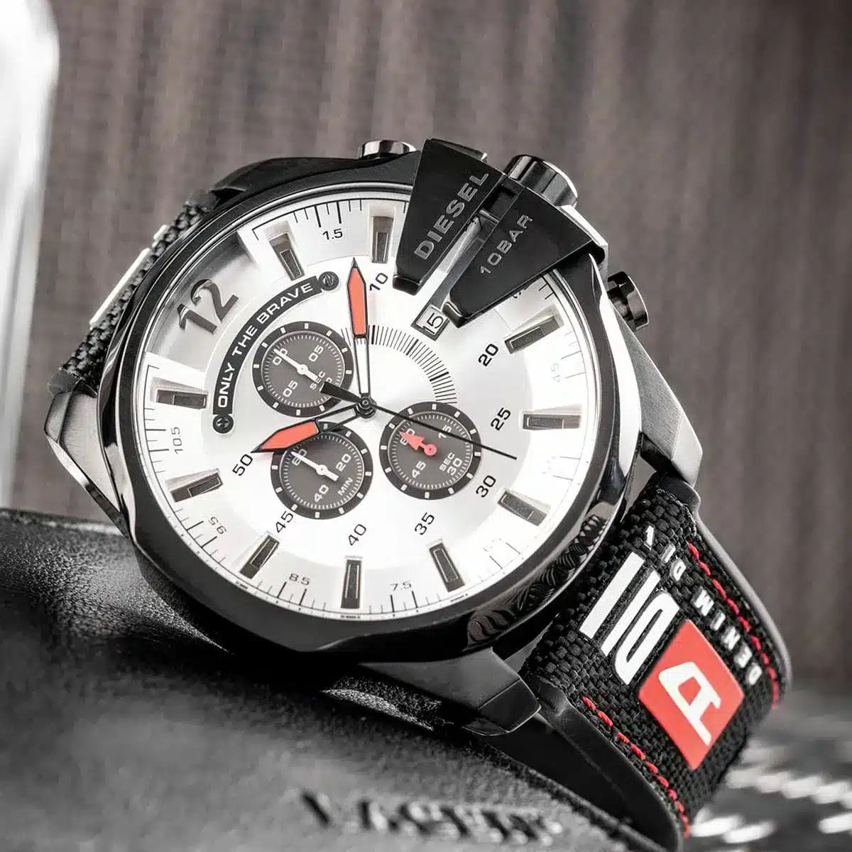 Diesel Mega Chief Chronograph Silver Dial Black Leather Strap Watch For Men - DZ4512