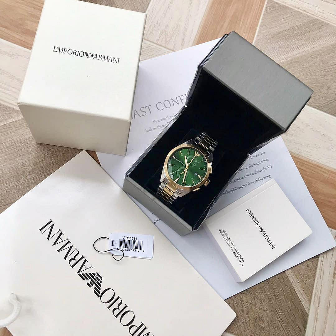 Emporio Armani Claudio Chronograph Green Dial Two Tone Steel Strap Watch For Women - AR11511