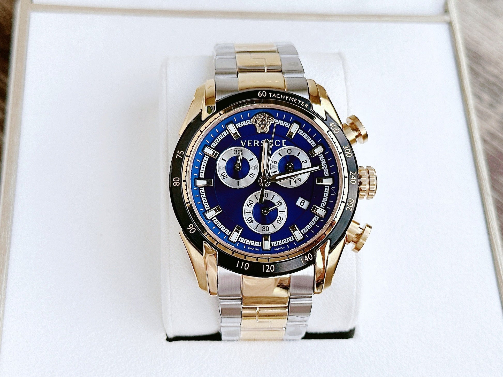 Versace V-Ray Chronograph Quartz Blue Dial Two Tone Steel Strap Watch For Men - VE2I01021