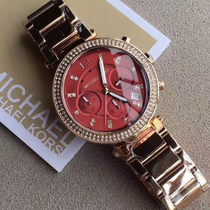 Michael Kors Parker Chronograph Red Dial Rose Gold Steel Strap Watch For Women - MK6106