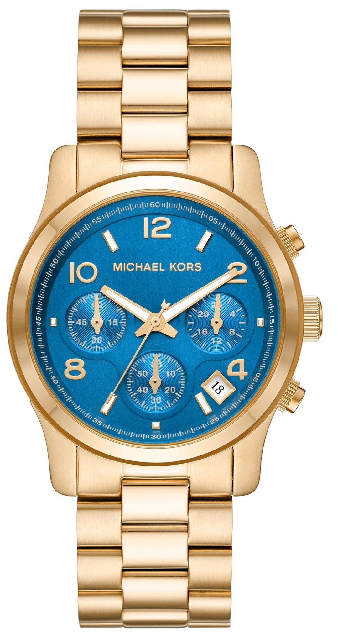 Michael Kors Runway Chronograph Blue Dial Gold Steel Strap Watch For Women - MK7353