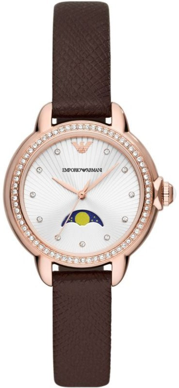 Emporio Armani Mia Moonphase Silver Dial Brown Leather Strap Watch For Women - AR11568