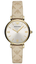 Emporio Armani Gianni T Bar Analog Silver Dial Beige Leather Strap Watch For Women - AR11127