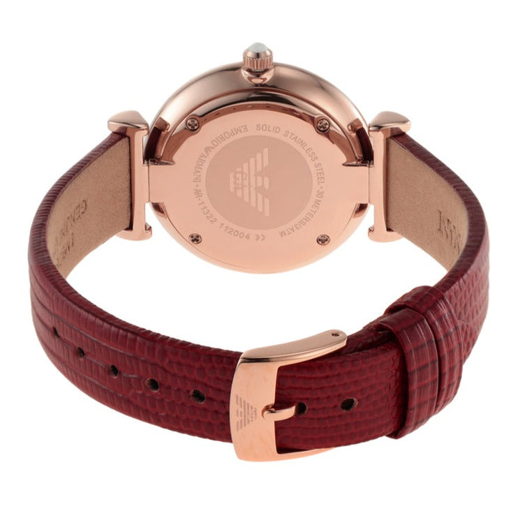 Emporio Armani Gianni T-Bar Analog Mother of Pearl Dial Red Leather Strap Watch For Women - AR11322