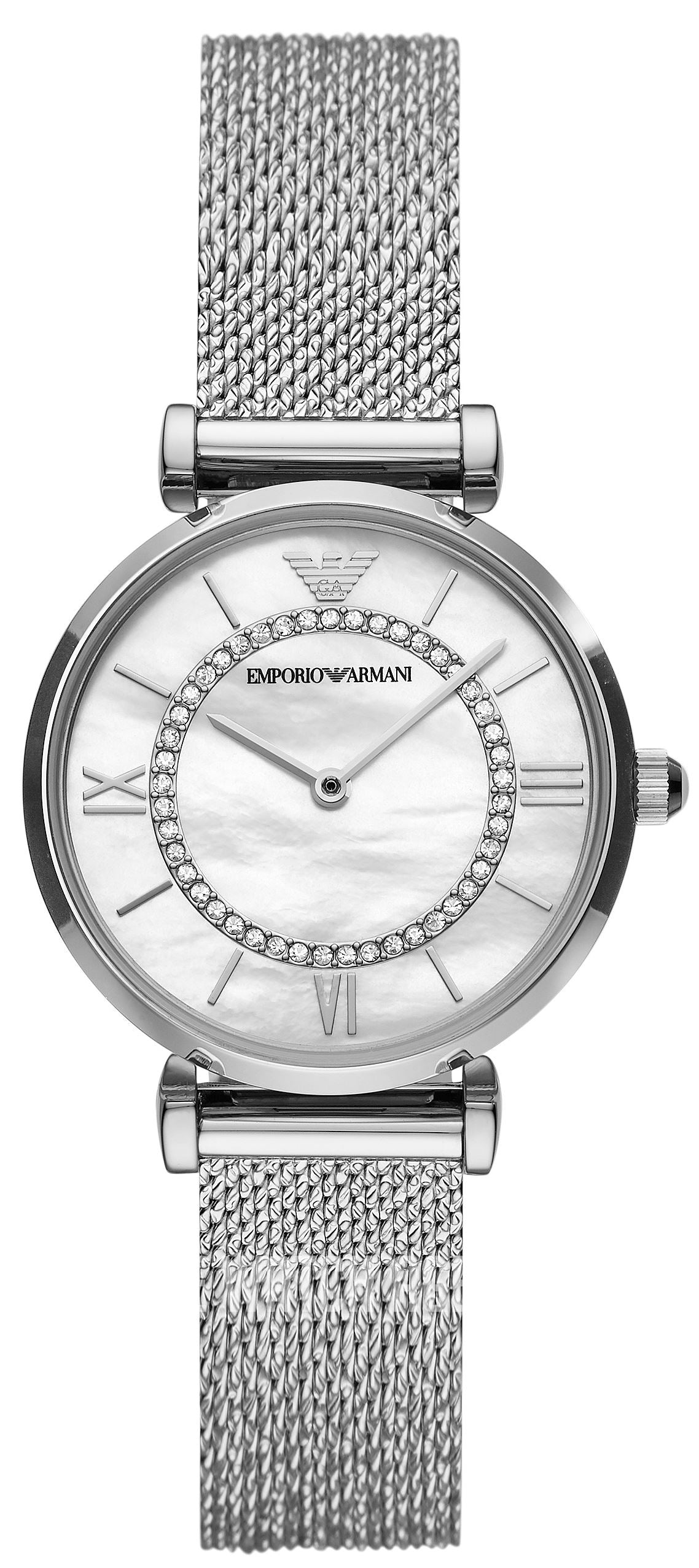 Emporio Armani Gianni T-Bar Quartz Mother of Pearl Dial Silver Mesh Bracelet Watch For Women - AR11319