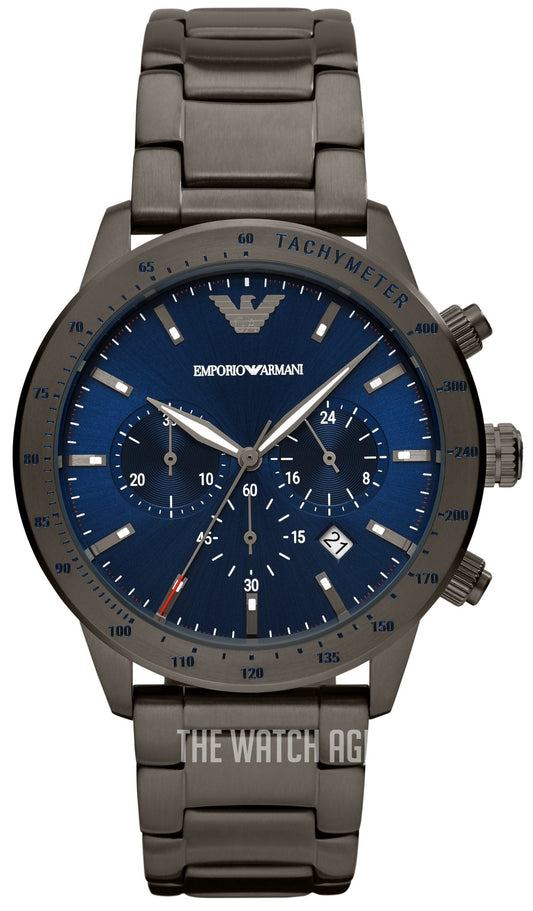 Emporio Armani Mario Chronograph Blue Dial Grey Steel Strap Watch For Men - AR80045