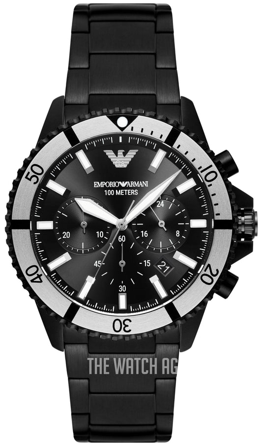 Emporio Armani Diver Chronograph Black Dial Black Steel Strap Watch For Men - AR80050