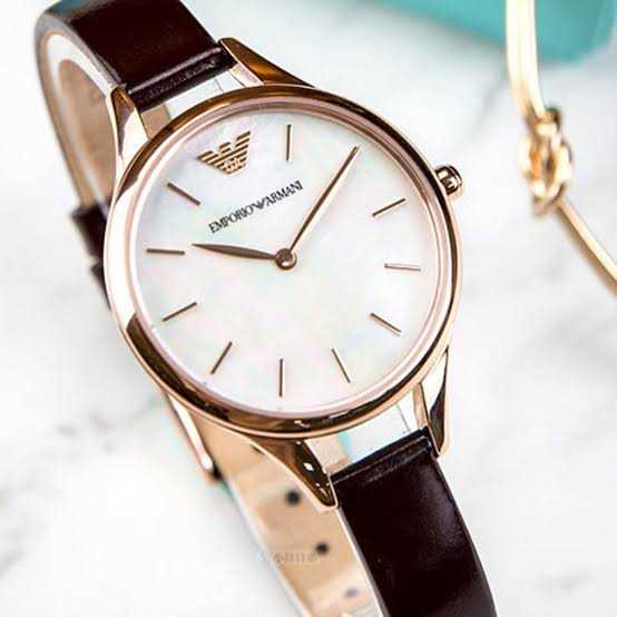 Emporio Armani Aurora Mother of Pearl White Dial Brown Leather Strap Watch For Women - AR11057