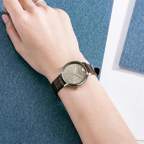 Emporio Armani Dress Quartz Silver Dial Brown Leather Strap Watch For Women - AR11063