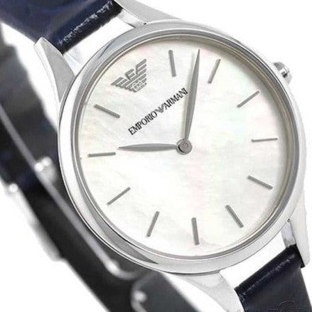 Emporio Armani Aurora Quartz Mother Of Pearl White Dial Blue Leather Strap Watch For Women - AR11090