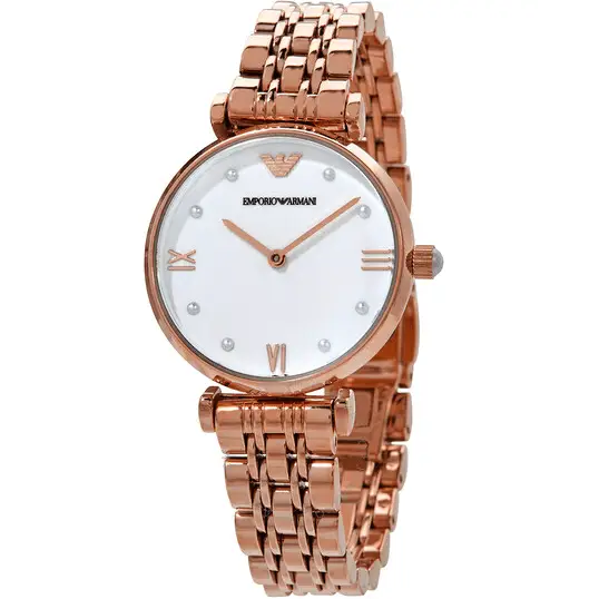 Emporio Armani Gianni T-Bar Quartz White Dial Rose Gold Steel Strap Watch For Women - AR11267