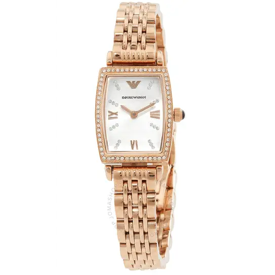 Emporio Armani Gianni T Bar Quartz Crystals White Dial Rose Gold Steel Strap Watch For Women - AR11406