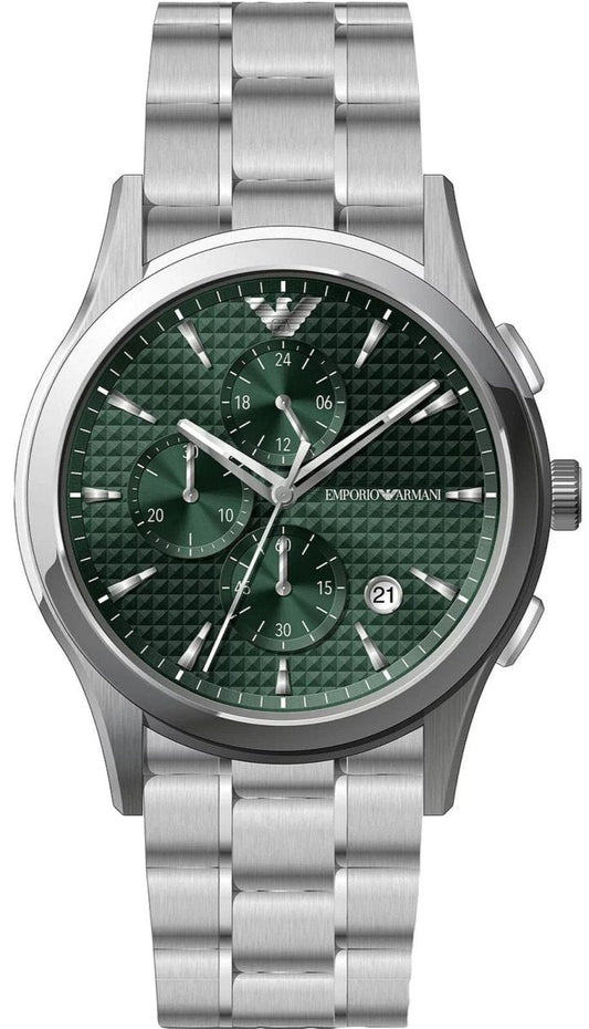 Emporio Armani Paolo Chronograph Green Dial Silver Steel Strap Watch For Men - AR11529