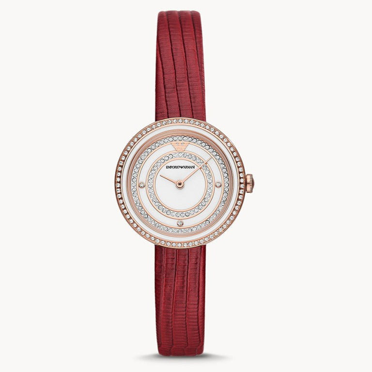 Emporio Armani Two-Hand Analog White Dial Red Leather Strap Watch For Women - AR11532