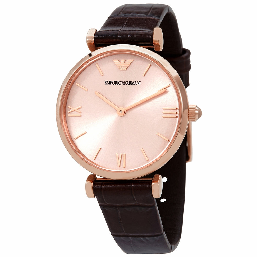 Emporio Armani Classic Quartz Pink Dial Brown Leather Strap Watch For Women - AR1911