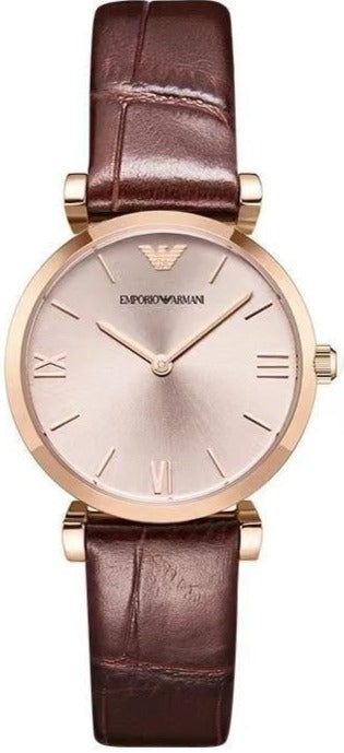 Emporio Armani Classic Quartz Pink Dial Brown Leather Strap Watch For Women - AR1911