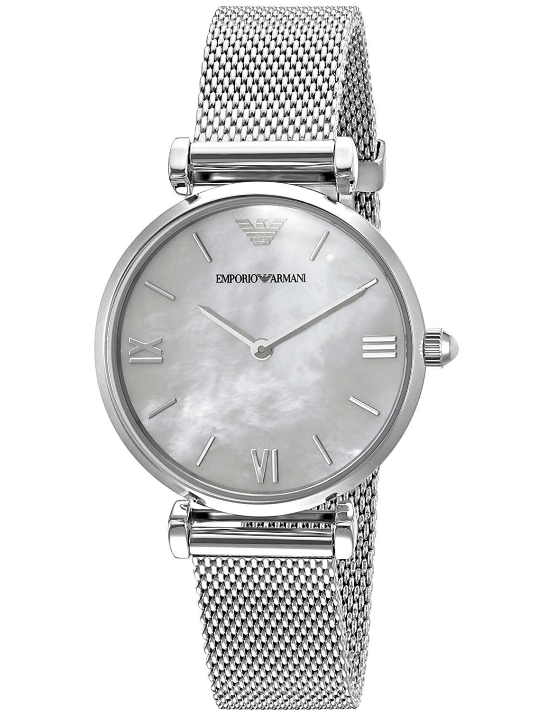 Emporio Armani Gianni T Bar Mother of Pearl Dial Silver Mesh Bracelet Watch For Women - AR1955