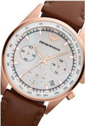 Emporio Armani Sportivo Chronograph White Dial Brown Leather Strap Watch For Men - AR5996