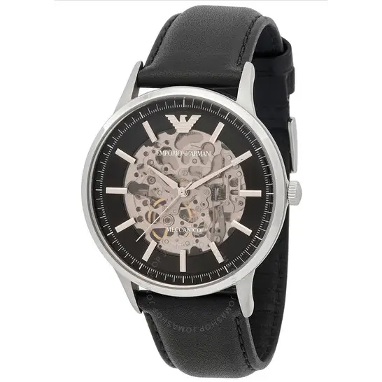 Emporio Armani Meccanico Skeleton Automatic Black Dial Black Leather Strap Watch for Men - AR60038