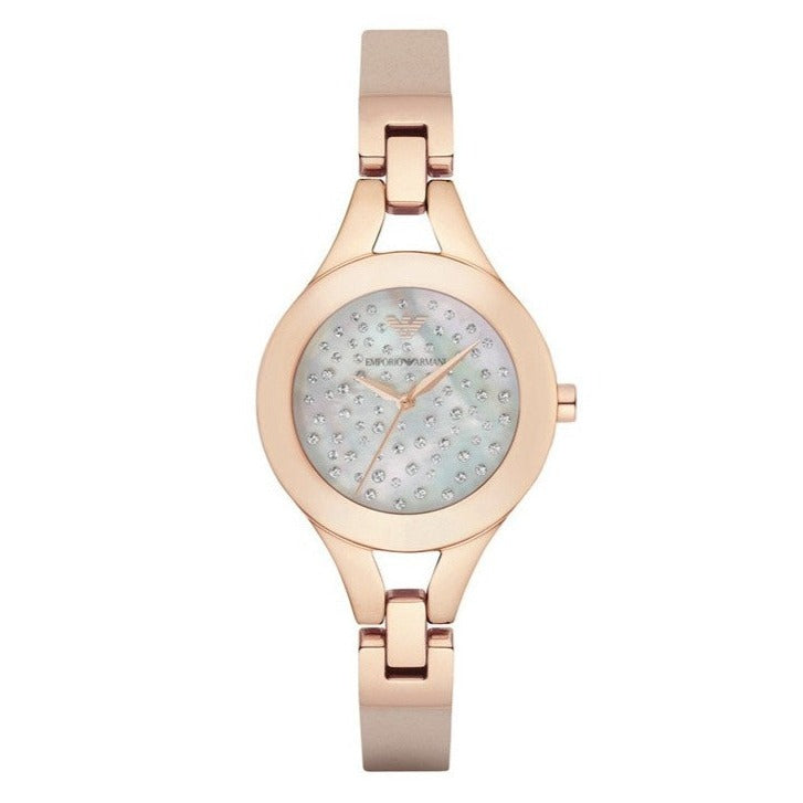 Emporio Armani Chiara Quartz Crystals White Dial Rose Gold Leather Strap Watch For Women - AR7437