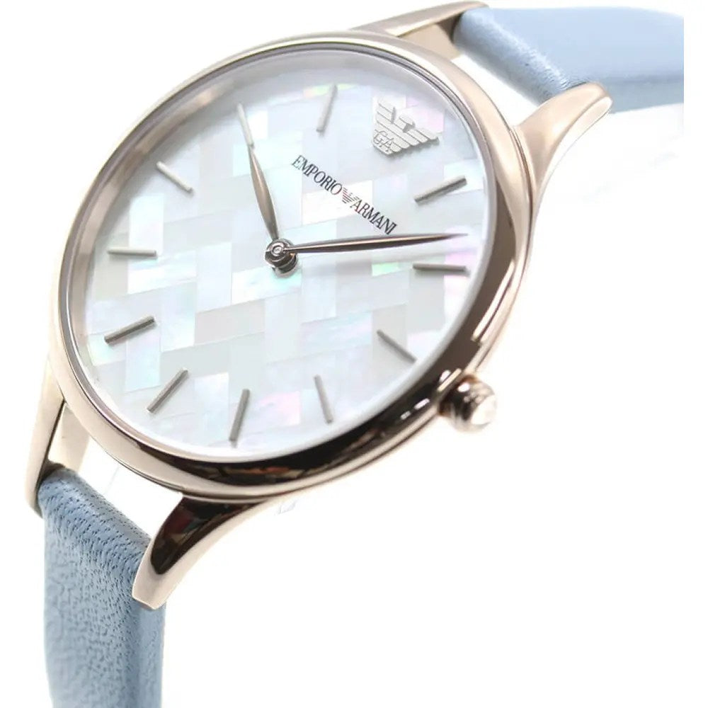 Emporio Armani Aurora Quartz Mother of Pearl White Dial Blue Leather Strap Watch For Women - AR11109