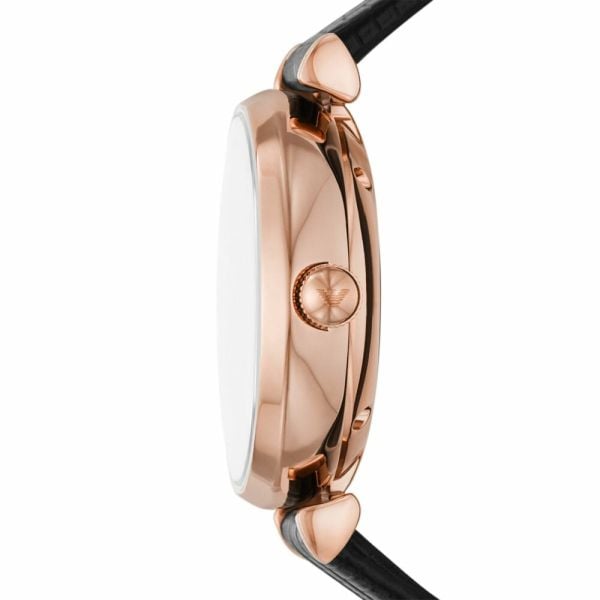 Emporio Armani Gianni T Bar Mother of Pearl White Dial Black Leather Strap Watch For Women - AR60047