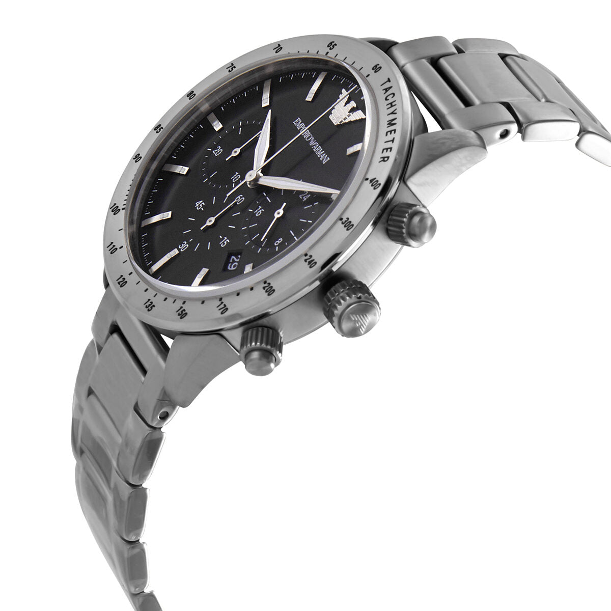 Emporio Armani Mario Chronograph Black Dial Silver Steel Strap Watch For Men - AR11241