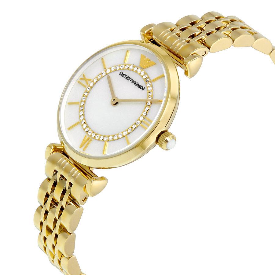 Emporio Armani Gianni T Bar White Mother of Pearl Dial Gold Steel Strap Watch For Women - AR1907