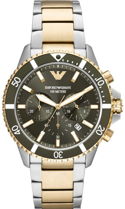 Emporio Armani Diver Chronograph Green Dial Two Tone Steel Strap Watch For Men - AR11361